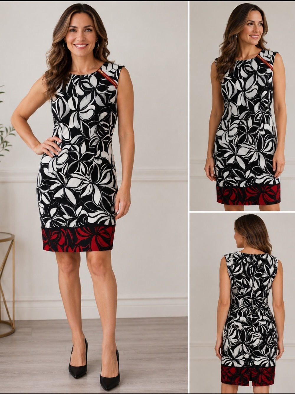 NWT
Kasper Black White Red Floral Sheath Dress Gold Zipper Detail Size 12